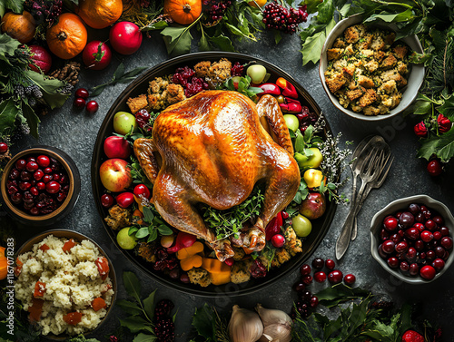 Here are a few options for a 125-character description of the image, suitable for stock photo sales:

**Option 1 (Focus on the main subject):**

> Roasted turkey centerpiece, surro photo