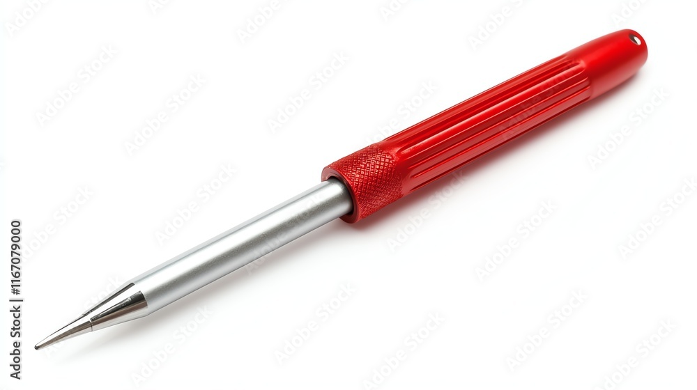 Red pen with metal tip on white background, ideal for office use and writing tasks. Red pen with metal tip on white background, ideal for office use and writing tasks.