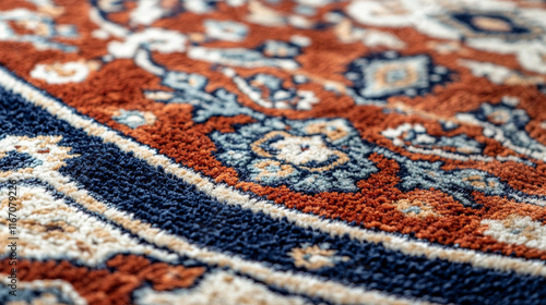 A close-up of a contemporary area rug, showing its intricate pattern and soft pile.