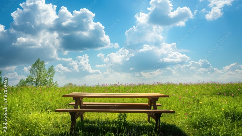 A wooden picnic table surrounded by lush green grass and vibrant flowers under a blue sky with fluffy clouds. A wooden picnic table surrounded by lush green grass and vibrant flowers under a blue sky with fluffy clouds.
