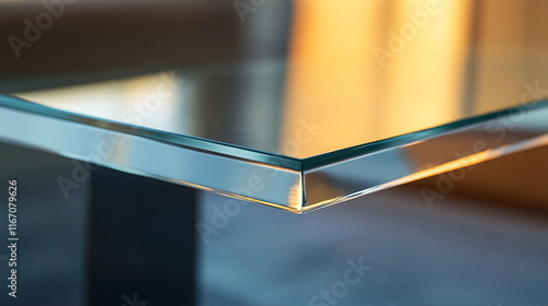 A detailed shot of a glass coffee table edge, with light reflections and smooth beveled corners.