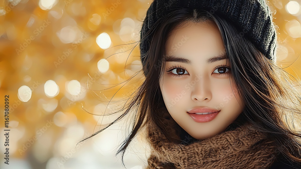 Ultra-realistic close-up of a smooth-skinned Korean woman in her 20s, wearing a cozy scarf and black knitted beanie. Her expressive dark eyes and warm smile shine in natural light, with a golden Ultra-realistic close-up of a smooth-skinned Korean woman in her 20s, wearing a cozy scarf and black knitted beanie. Her expressive dark eyes and warm smile shine in natural light, with a golden