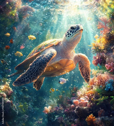 Underwater Scene with Turtle Fish Coral and Mermaid Illustration photo