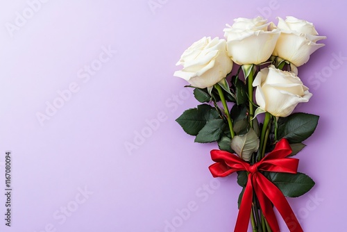 Elegant White Roses with Red Ribbon Against Pastel Purple Background