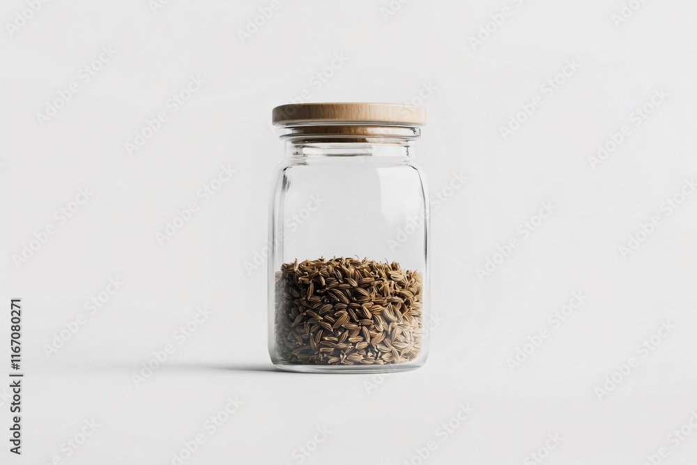 Glass Jar with Lid Containing Brown Seeds on White Background Glass Jar with Lid Containing Brown Seeds on White Background