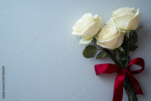 Elegant White Roses Bouquet with Red Satin Ribbon on Gray Background