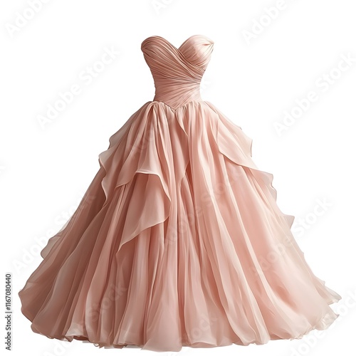 Elegant blush pink ball gown, strapless sweetheart neckline, layered tulle skirt, ruffled cascading tiers, romantic princess dress, ethereal flowing fabric, soft pastel color, fairytale wedding gown