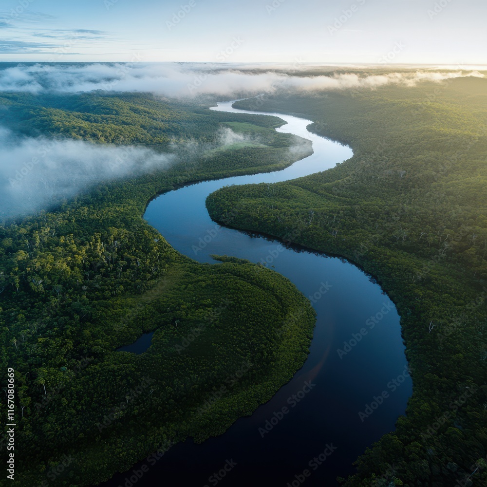 A river with a green forest on either side A river with a green forest on either side