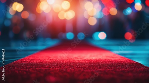 Red carpet rolling out in front of glamorous movie premiere background