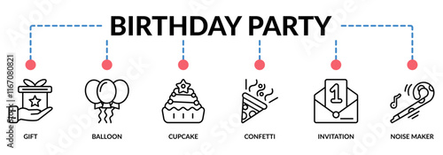 BIRTHDAY PARTY web banner icons collection. Containing icon of gift, balloon, cupcake, confetti, invitation, and noise maker. For sign, symbol, presentation, infographics, or web graphics