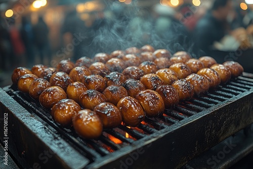 Roasted Chestnuts Street Food Market Night Warm Winter Tradition photo