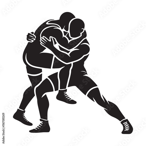 Wrestling Silhouette Vector Illustration, Solid White Background.