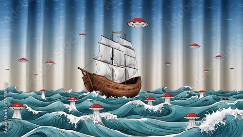 a cartoon of a boat with a red object in the background.