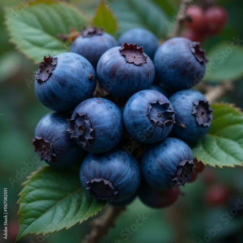 Juicy Blueberries: A Cluster of Deep Blue Berries on Lush Green Foliage
