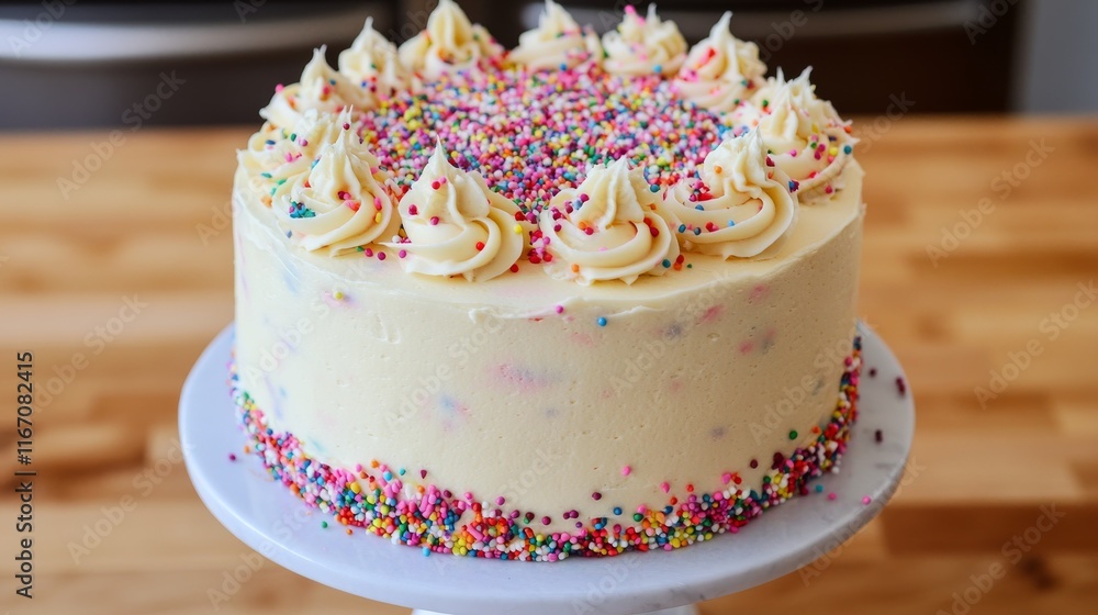 Funfetti Cake: Vanilla cake with sprinkles baked in, topped with funfetti frosting and additional sprinkles for a playful touch. Funfetti Cake: Vanilla cake with sprinkles baked in, topped with funfetti frosting and additional sprinkles for a playful touch.