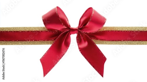 Red ribbon and bow with gold isolated on white or white background,