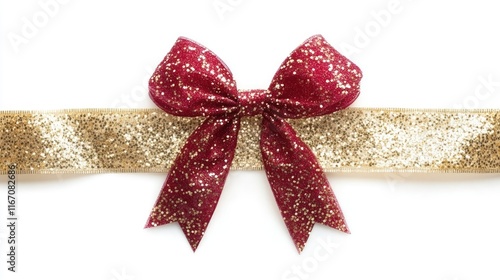 Red ribbon and bow with gold isolated on white or white background,