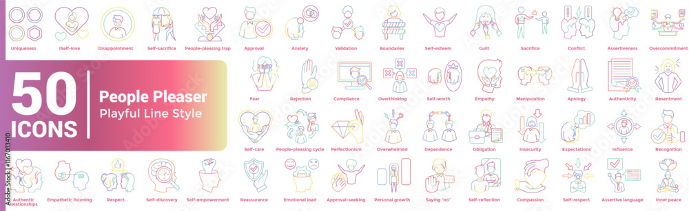People Pleaser 50 icon set in playful line style People Pleaser 50 icon set in playful line style