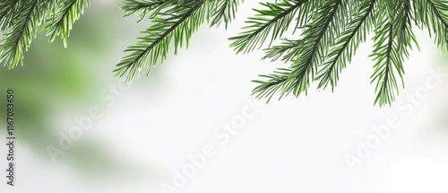 Lush green pine branches against a soft, blurred background, ideal for Christmas or nature themes. photo