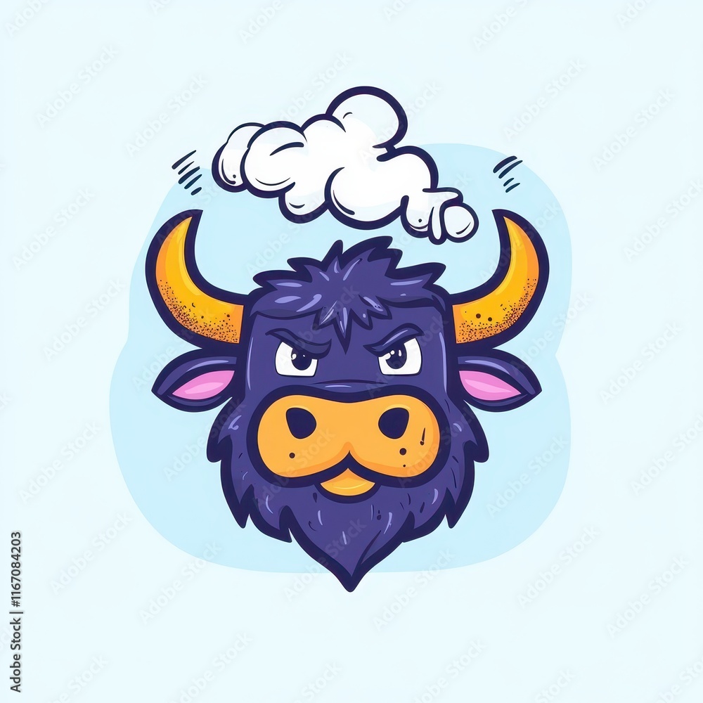Obraz premium Cheerful Cartoon Bull Head with Exaggerated Features and Playful Expression Surrounded by Light Blue Background and Whimsical Cloud Thought Bubble