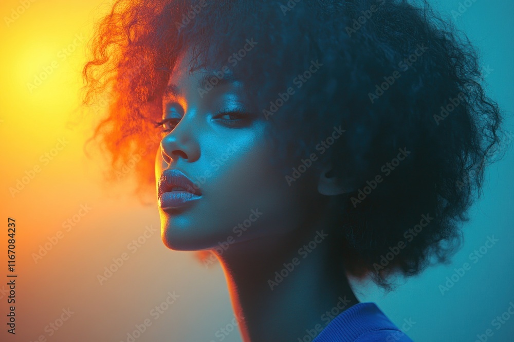 Profile portrait of confident middle-aged bearded man in blue t-shirt against blue background with copy space Profile portrait of confident middle-aged bearded man in blue t-shirt against blue background with copy space