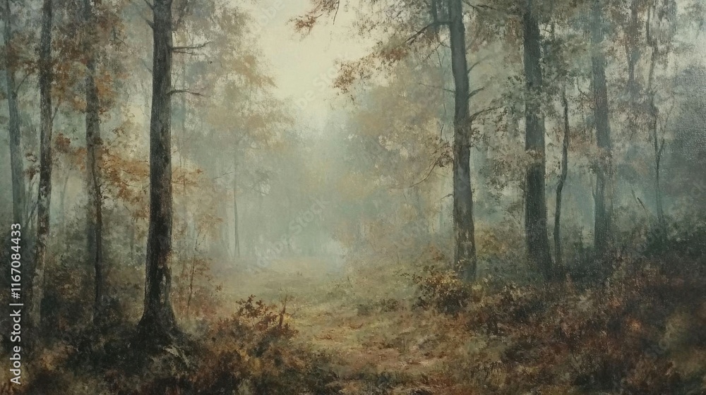 Obraz premium A misty forest landscape with autumn foliage and soft light.