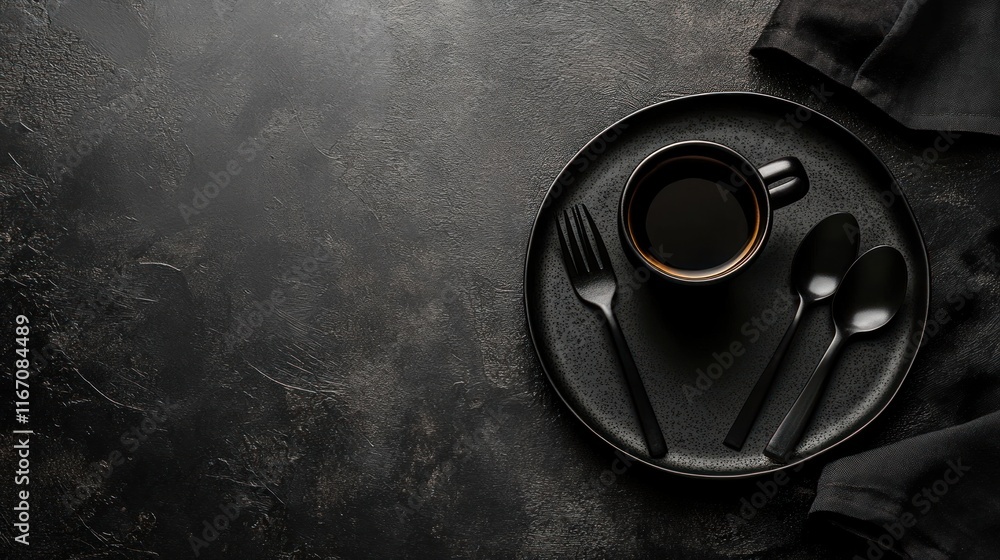 Dark Elegance: Coffee, Cutlery, and a Black Plate Dark Elegance: Coffee, Cutlery, and a Black Plate