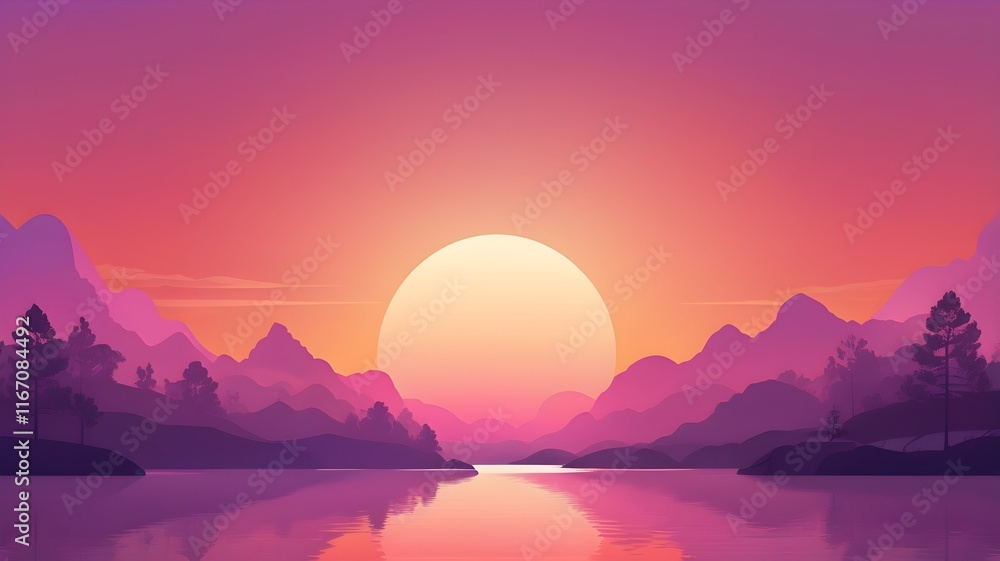 A stylized, minimalist landscape with layered mountains silhouetted against a vibrant sunset or sunrise sky in shades of purple, pink, and orange. A stylized, minimalist landscape with layered mountains silhouetted against a vibrant sunset or sunrise sky in shades of purple, pink, and orange.