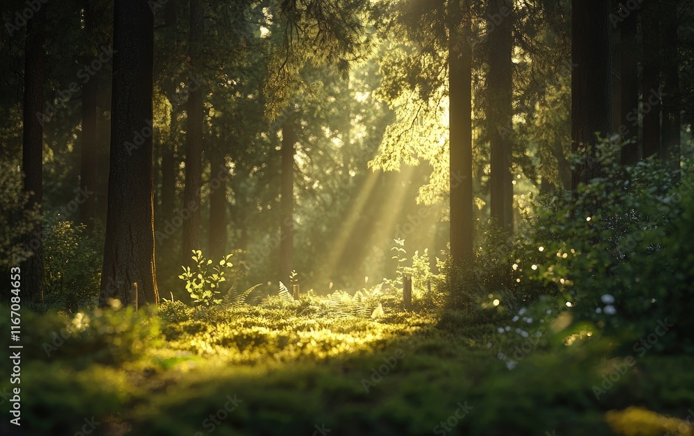 Beautiful forest landscape with sunlight shining through the trees in autumn. Forest path, natural background. High-resolution photo of a beautiful nature scene. Green pine and oak trees, bright color Beautiful forest landscape with sunlight shining through the trees in autumn. Forest path, natural background. High-resolution photo of a beautiful nature scene. Green pine and oak trees, bright color