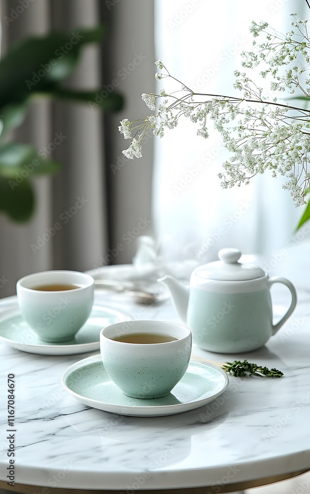 Stylish matcha tea set with premium matcha product on a marble surface, clean lines, modern elegance Stylish matcha tea set with premium matcha product on a marble surface, clean lines, modern elegance