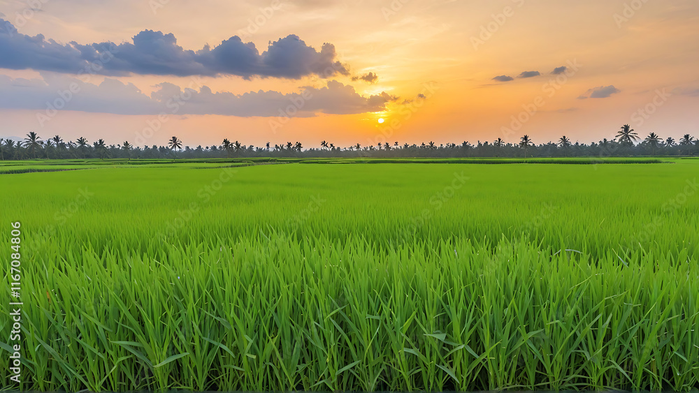 Green rice field with sunset sky