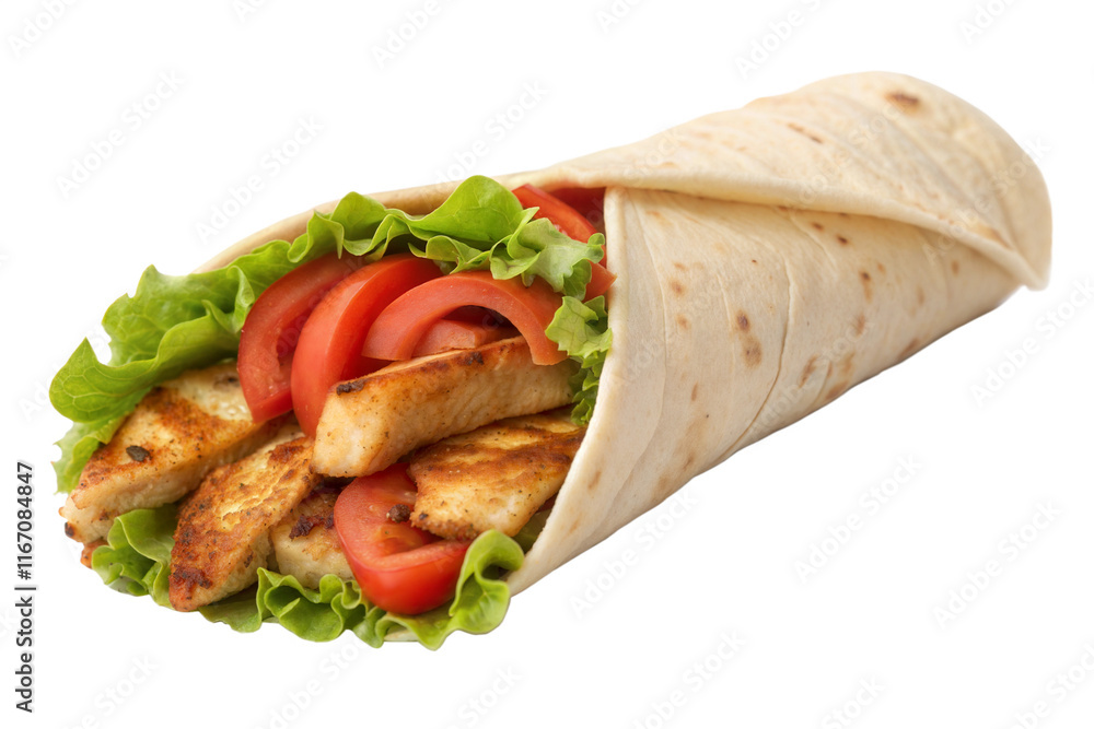 Obraz premium Delicious Grilled Chicken Wrap with Fresh Vegetables - Isolated on transparent Background,Fresh Buffalo Chicken Wrap Isolated,Tortilla wrap on transparent background,tourtilla wrap with onion tomato.