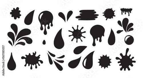 Splash silhouette with droplets. Water drops shapes,cry droplet icons vector set. Ink, sauce, river isolated splashes ect .Vector Illustration EPS 10