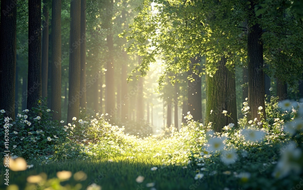 Fototapeta premium Beautiful forest with tall trees and sunlight shining through the foliage, creating an enchanting natural landscape. The scene is set in Germany's Black Forest during springtime. High resolution