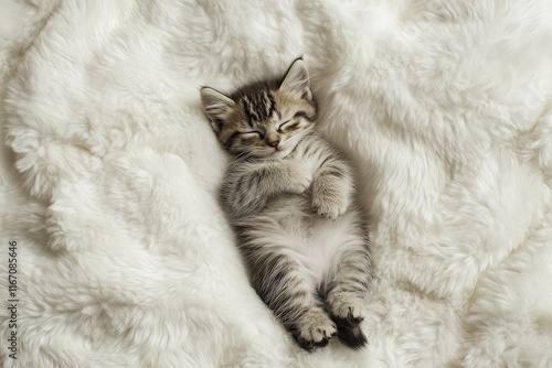 Cute little kitten sleeps on a white fur blanket. Sven raised his paws up. photo