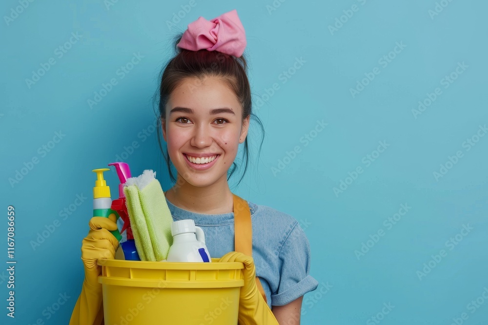 Cheerful young housemaid in yellow rubber gloves holding cleaning supplies against blue backdrop Cheerful young housemaid in yellow rubber gloves holding cleaning supplies against blue backdrop