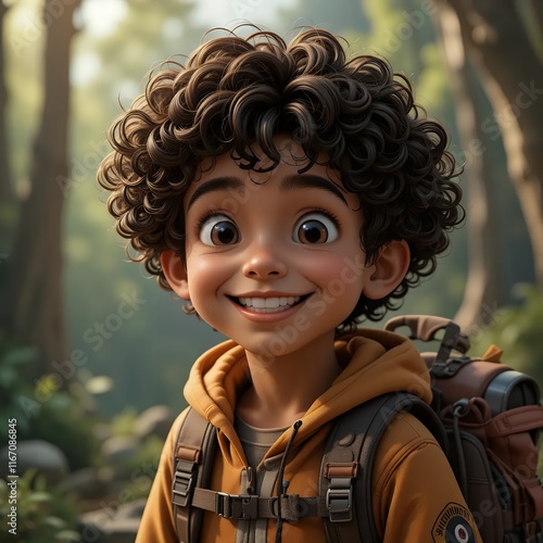 Cheerful Boy with Curly Hair: A 3D Rendered Portrait photo