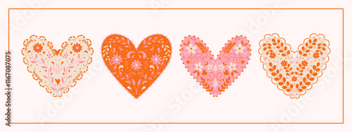 Valentine's Day Scandinavian inspired folk art pattern with flowers and hearts. Nordic heart illustration in a flat modern style. 