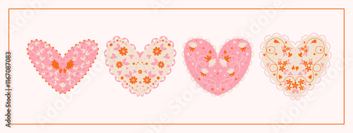 Valentine's Day Scandinavian inspired folk art pattern with flowers and hearts. Nordic heart illustration in a flat modern style. 