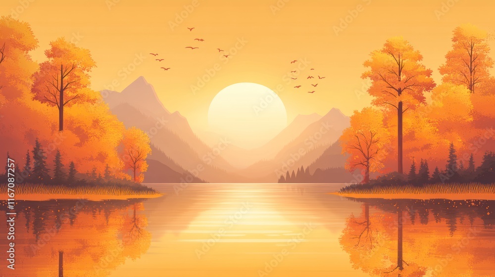 Calm autumn sunset over lake and mountains. Calm autumn sunset over lake and mountains.