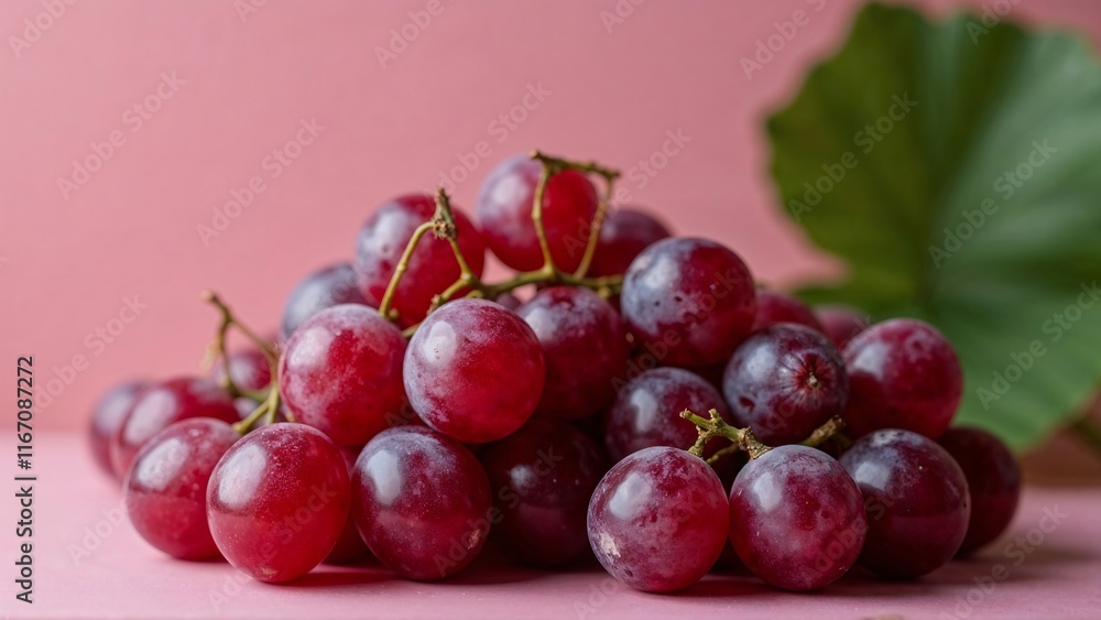 Fototapeta premium Bunch of purple grapes on pink backgroundBunch of purple grapes on pink background