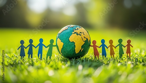 Fototapeta Naklejka Na Ścianę i Meble -  Paper people holding hands around a green Earth, Earth Day message of environmental protection, ESG cooperation, sustainable resources for a better future, vibrant HD