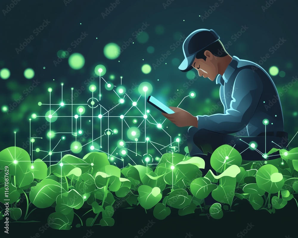 Smart agriculture innovation, farmer monitoring crops with a smartphone, IoT icons lighting up the landscape, AI technology optimizing produce, professional and vibrant Smart agriculture innovation, farmer monitoring crops with a smartphone, IoT icons lighting up the landscape, AI technology optimizing produce, professional and vibrant