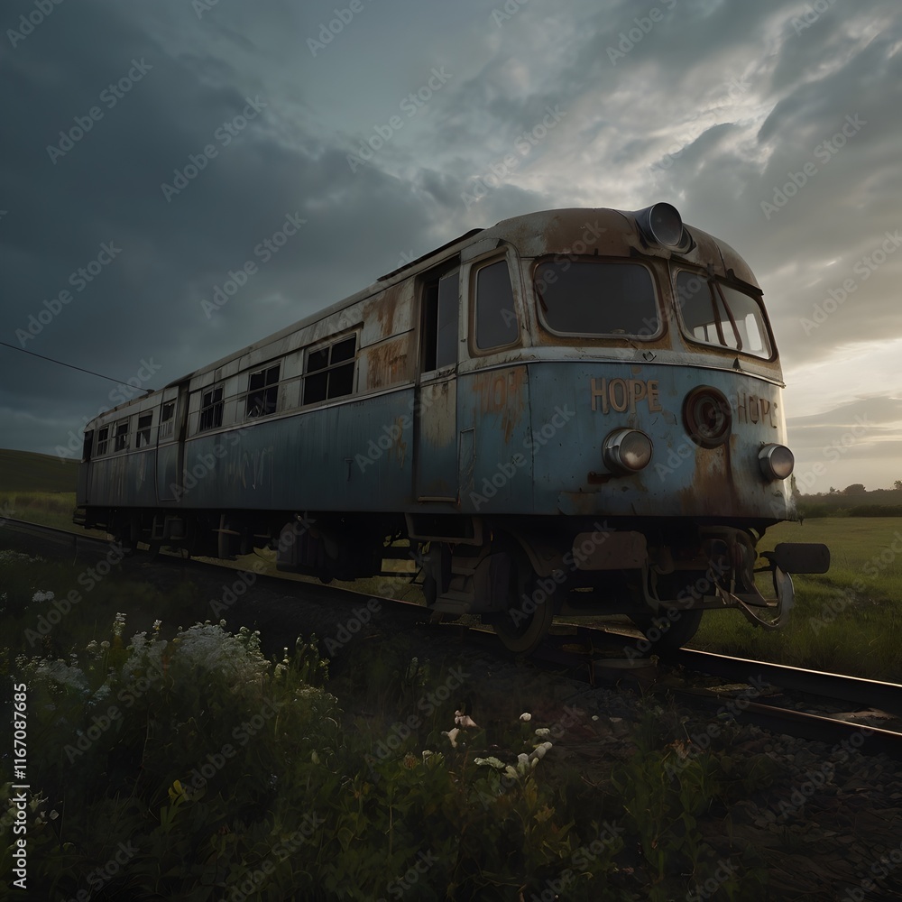A rusty, abandoned train with the word A rusty, abandoned train with the word