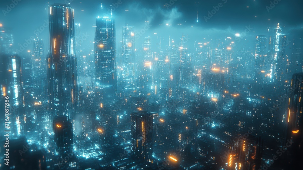 Fototapeta premium Aerial view of smart city with highspeed internet data streams