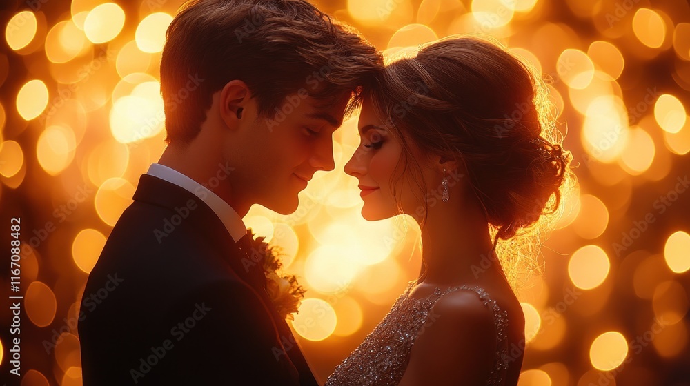 Romantic bride and groom dancing under fairy lights in reception hall with guests celebrating during wedding reception Romantic bride and groom dancing under fairy lights in reception hall with guests celebrating during wedding reception