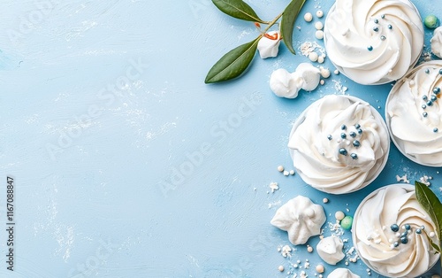 Delicious Meringue Cookies Pastel Blue Background Sweet Treats photo