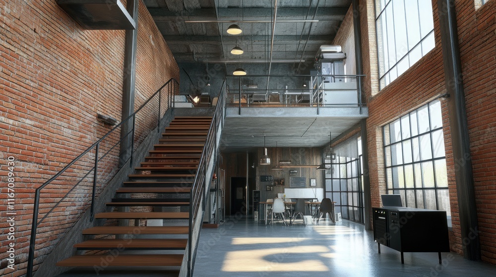 Fototapeta premium Modern Industrial Loft Interior Design: Sunlight Streaming Through Large Windows, Brick Walls, Metal Staircase