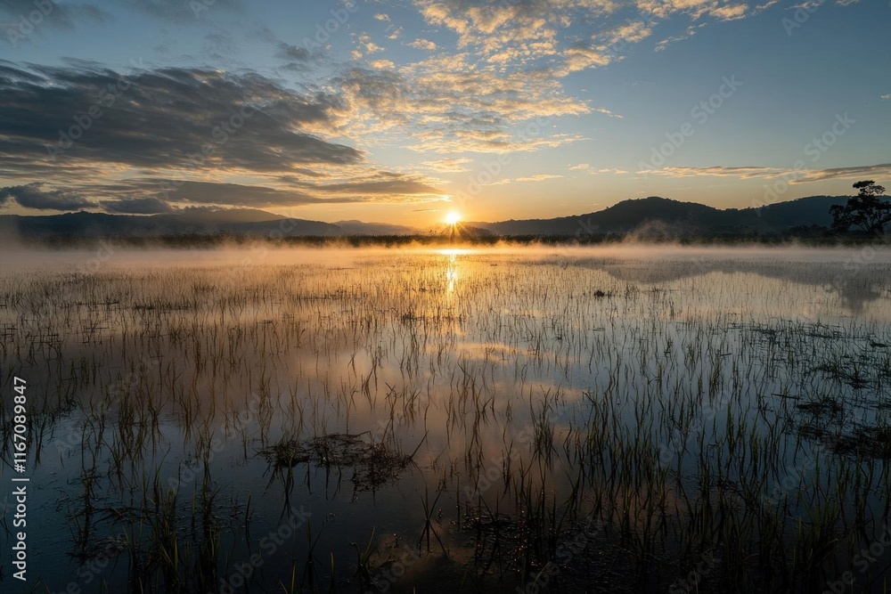 Serene sunrise over a misty wetland, reflecting nature's beauty. Serene sunrise over a misty wetland, reflecting nature's beauty.
