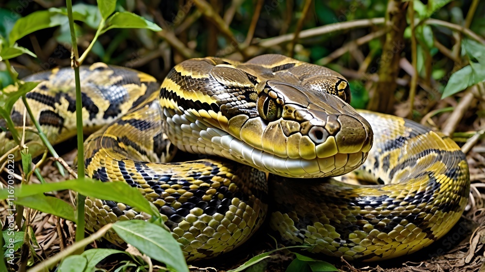 A close-up shot of a reticulated python snake coiled on the ground amidst lush green foliage, showcasing its intricate pattern and texture. A close-up shot of a reticulated python snake coiled on the ground amidst lush green foliage, showcasing its intricate pattern and texture.